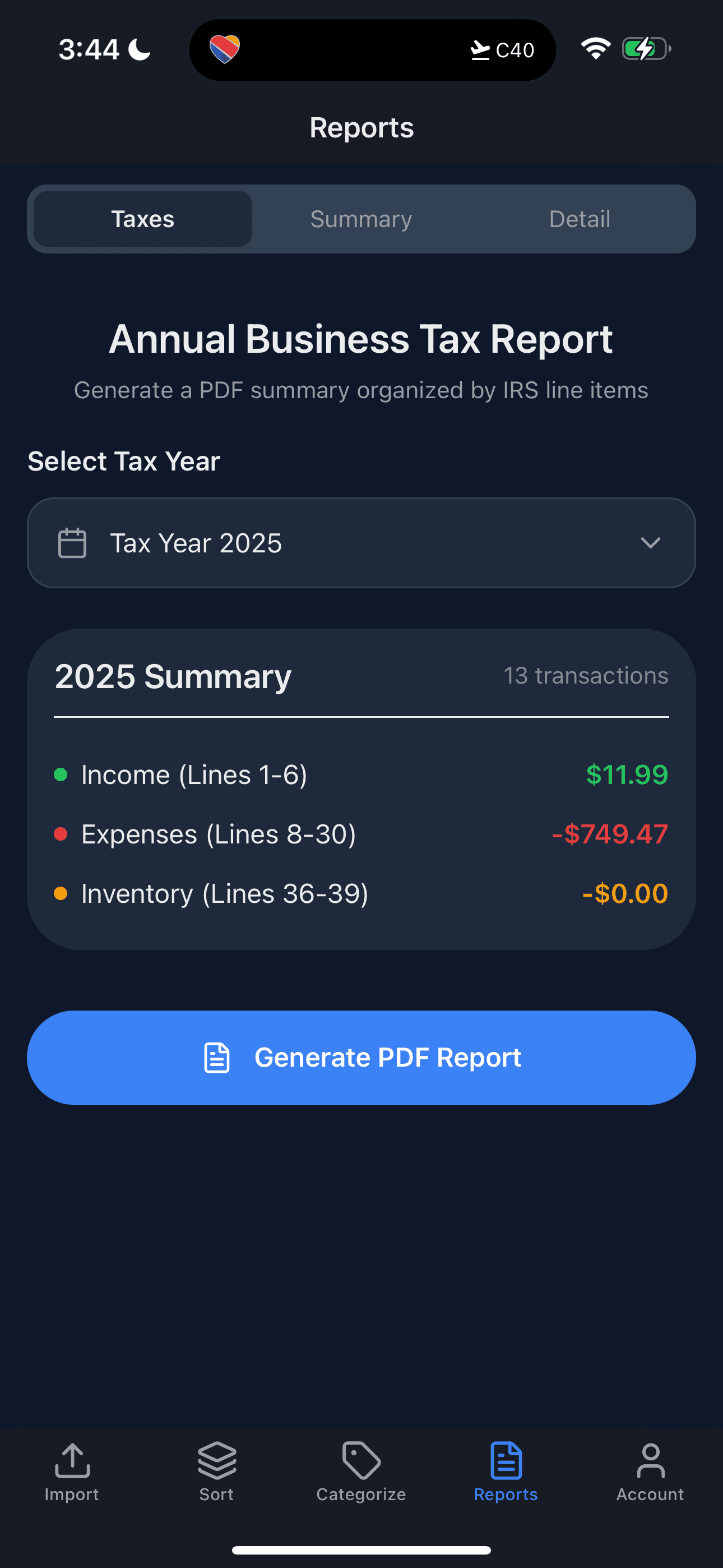 SlimBooks App - Annual Business Tax Report