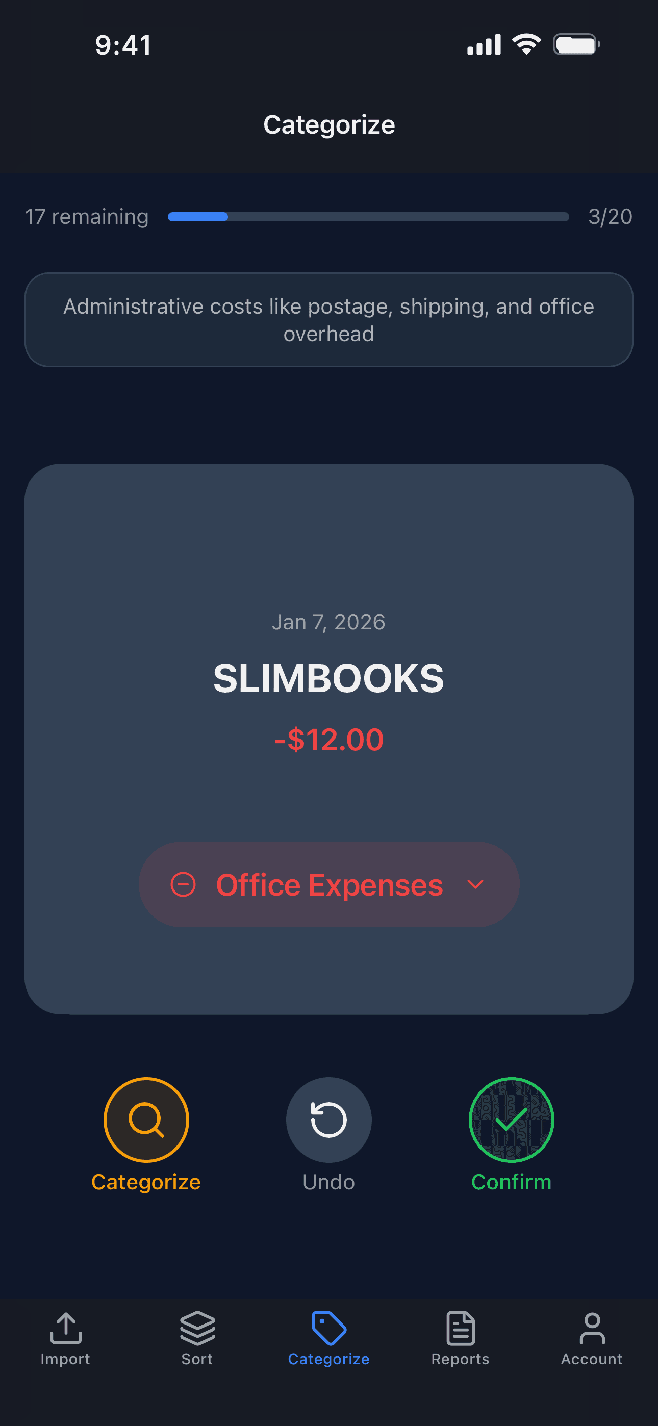 The SlimBooks Categorize screen with a suggested Schedule C category for a transaction