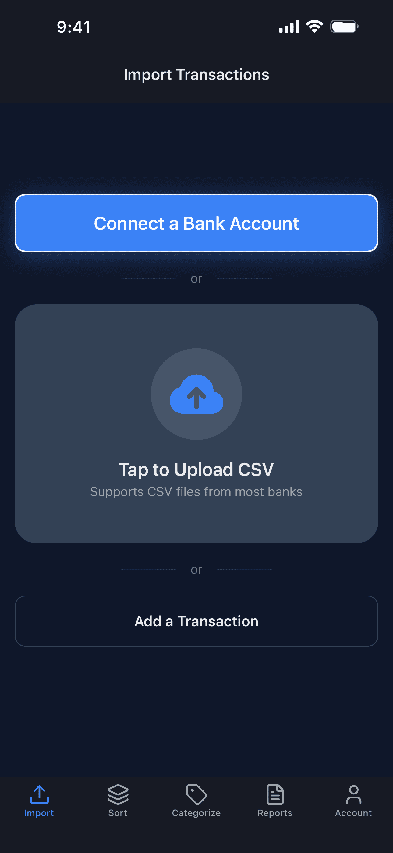 The SlimBooks Import screen, offering Connect a Bank Account, Tap to Upload CSV, and Add a Transaction