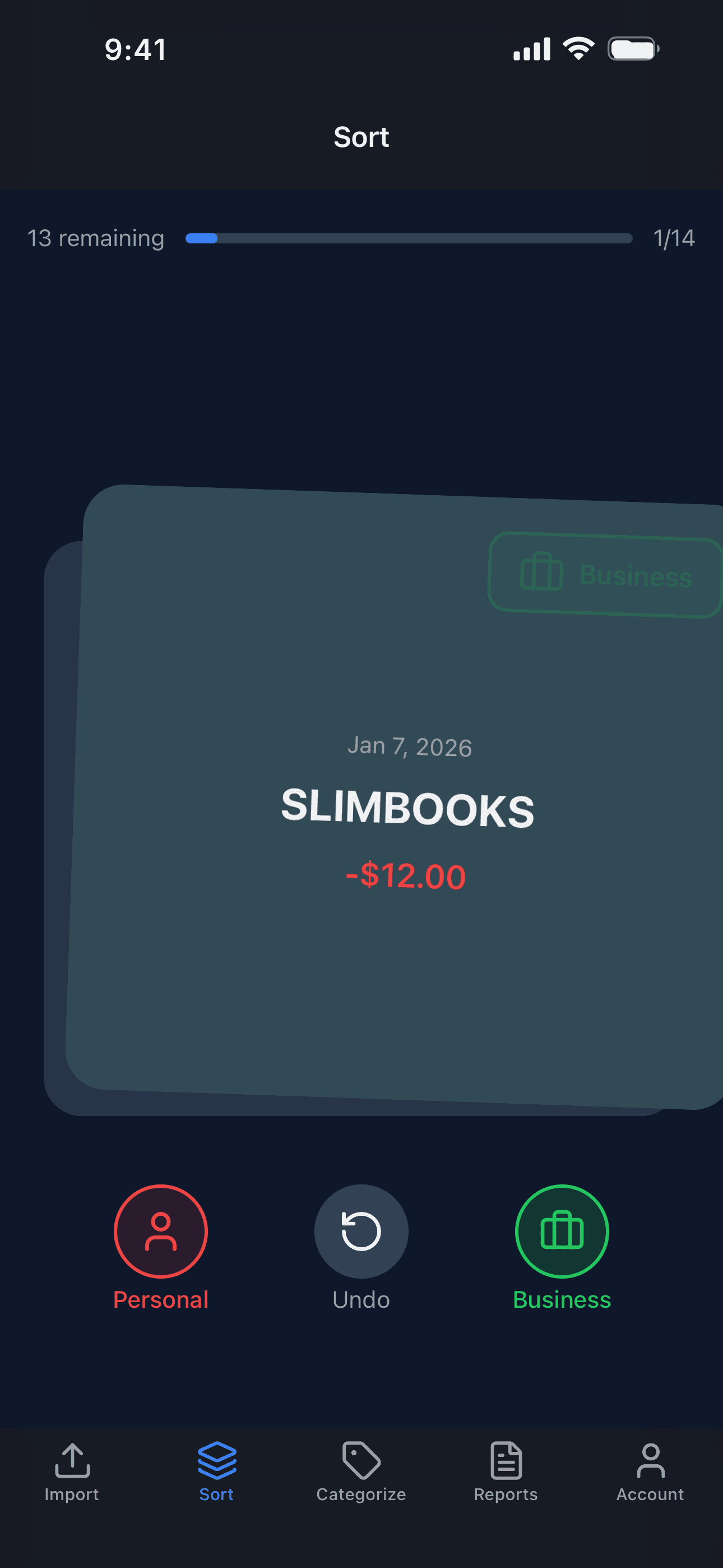 The SlimBooks Sort screen: a transaction card ready to swipe left for Personal or right for Business